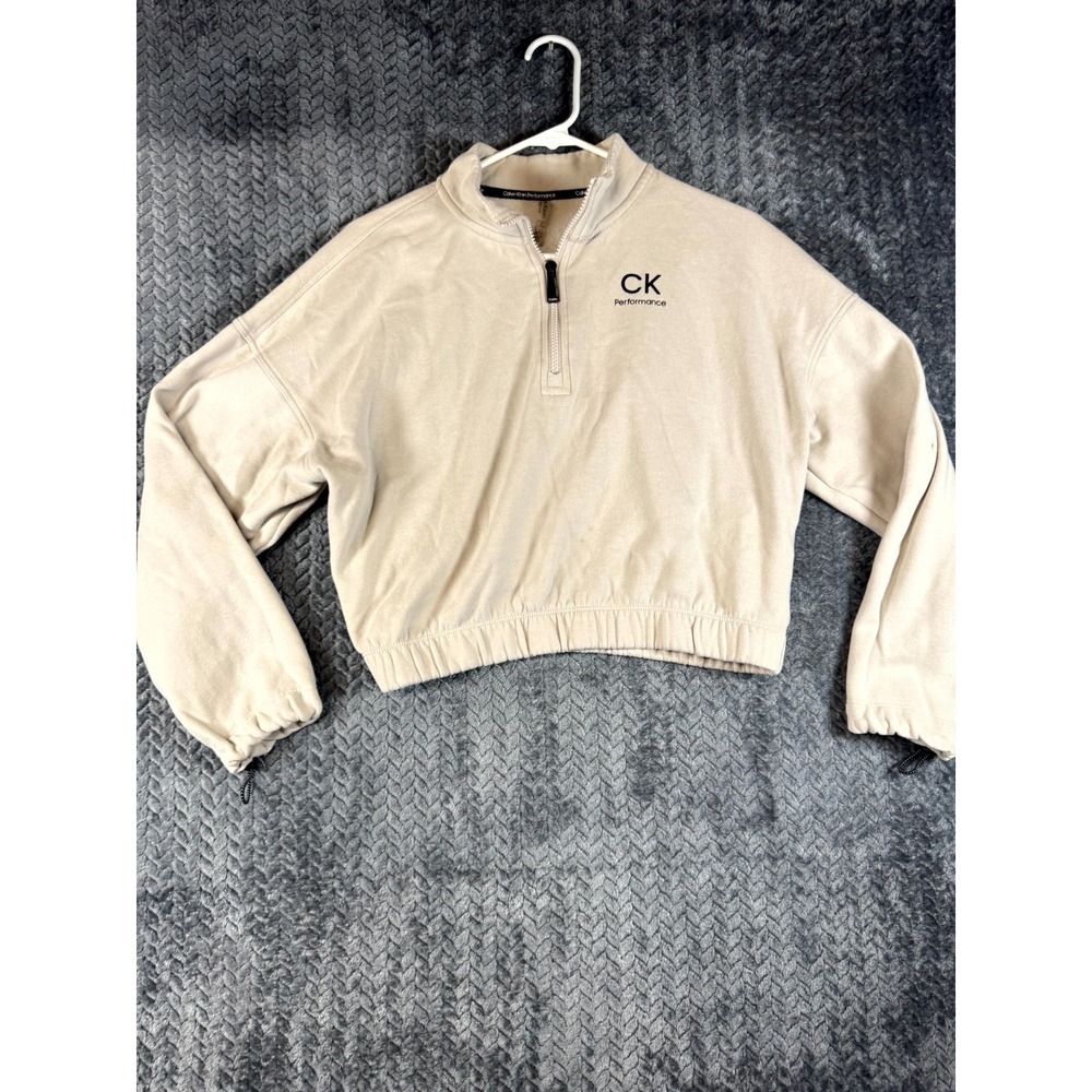 Calvin Klein Performance Crop Sweatshirt‎ Women Medium Beige Mock Neck 1/4 Zip